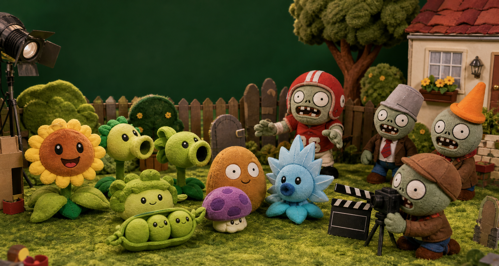 Colorful plant and zombie plush characters performing on a miniature backyard video set